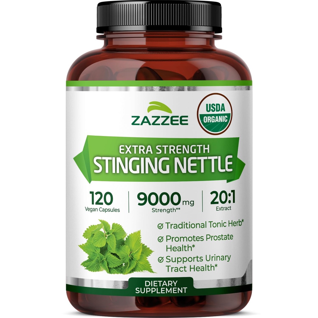 Zazzee USDA Organic Stinging Nettle 20: 1 Extract, 9000 mg Strength, 120 Vegankapsler, 4 Måned Supply, Koncentreret, Standardized 20X Extract, Certified Organic, 100% Vegetar, All- Natural, Non- GMO