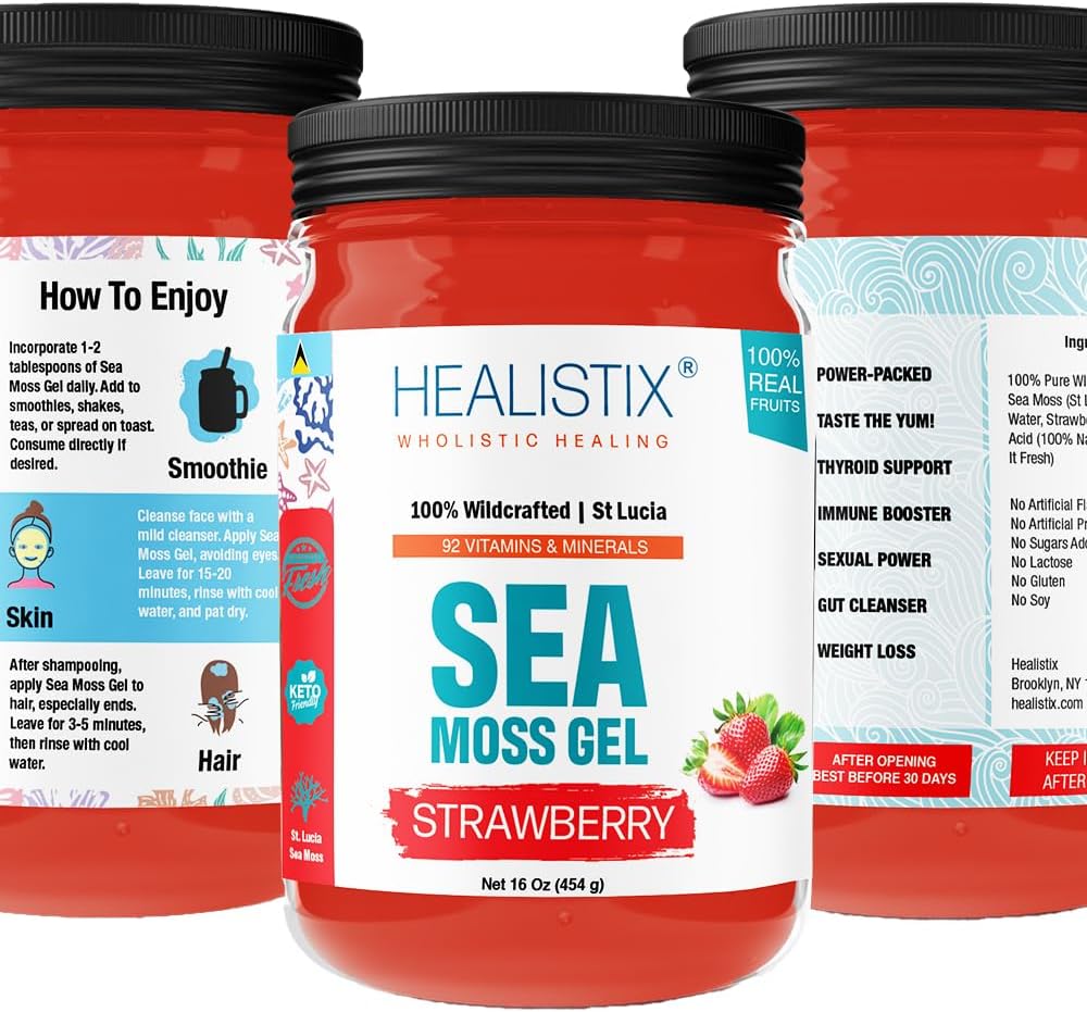 Healistix Strawberry Irish Sea Moss Gel (20 Arme) - Wildcrafted Seamoss Gel, pakket med 92 vitaminer - Superfood til immunforsvar, Non- GMO, Keto, Vegan