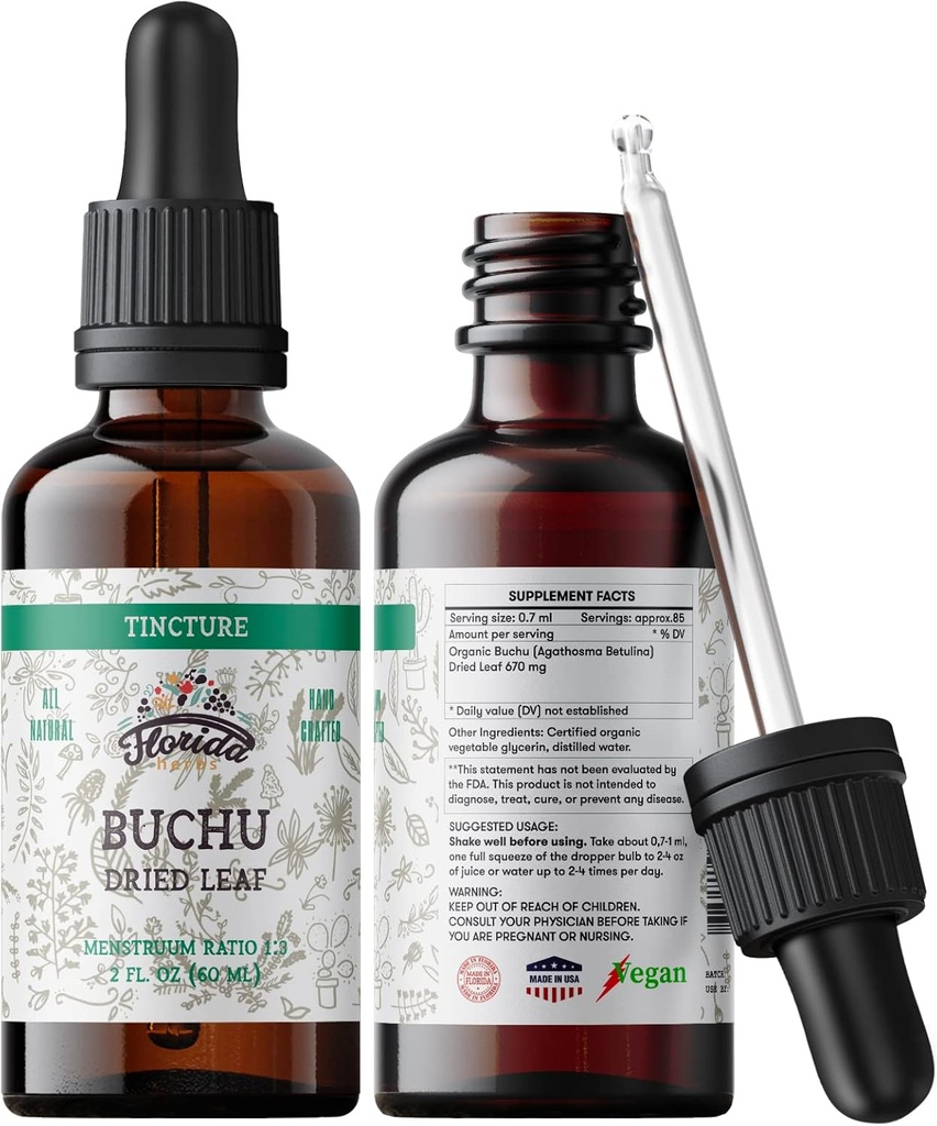 Buchu Tincture, Organic Buchu Extract (Agathosma Betulina) Tørret Leaf Health Supplement, Non- GMO i Cold- Pressed Organic Vegetabilsk Glycerin 2 oz, 670 mg