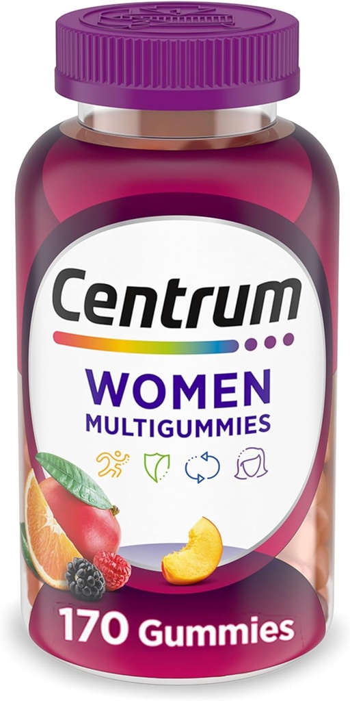 Centrum MultiGummies Gummy Multivitamin til kvinder, Multivitamin / Multimineral Supplement med vitamin D3, B Vitaminer og antioxidanter, Assorterede Frugtsmag - 170 Greve
