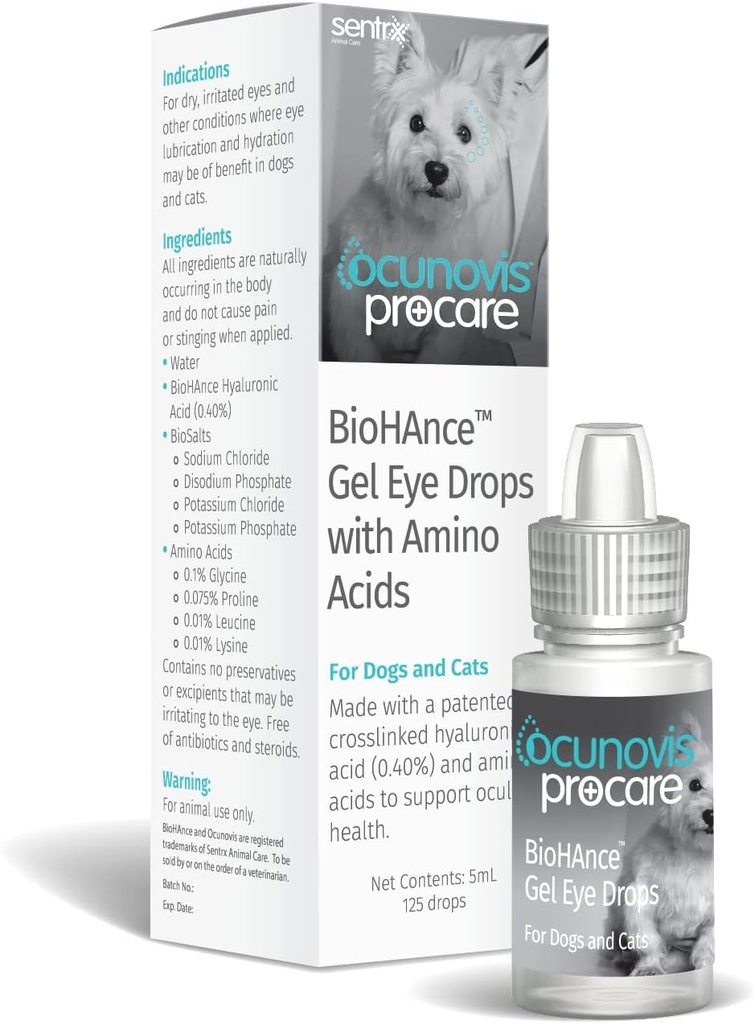 Sentrx - Ocunovis ProCare Gel Eye Dryps til hunde og katte, Hydrating Kat og Dog Eye Dryps med Hyaluronsyre, Lysin, og Aminosyrer, Preservative- Free and Antibiotic- Free, 5 ml