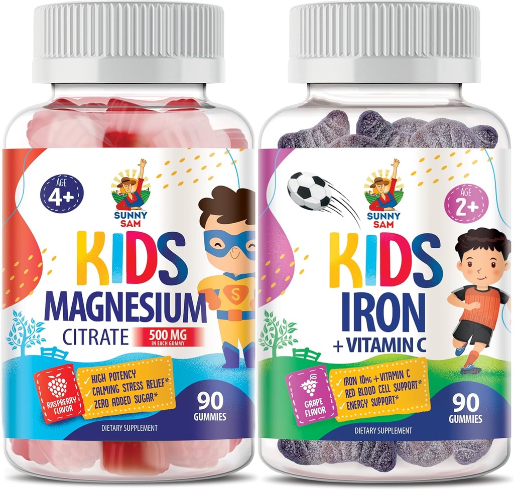 SUNNY SAM Iron Gummies for Kids & Magnesium Gummies for Kids & Voksen- 500 mg - Calm Magnesiumtykkere - Magnesium Citrate Chewable Supplement for Mood & Muscle Support