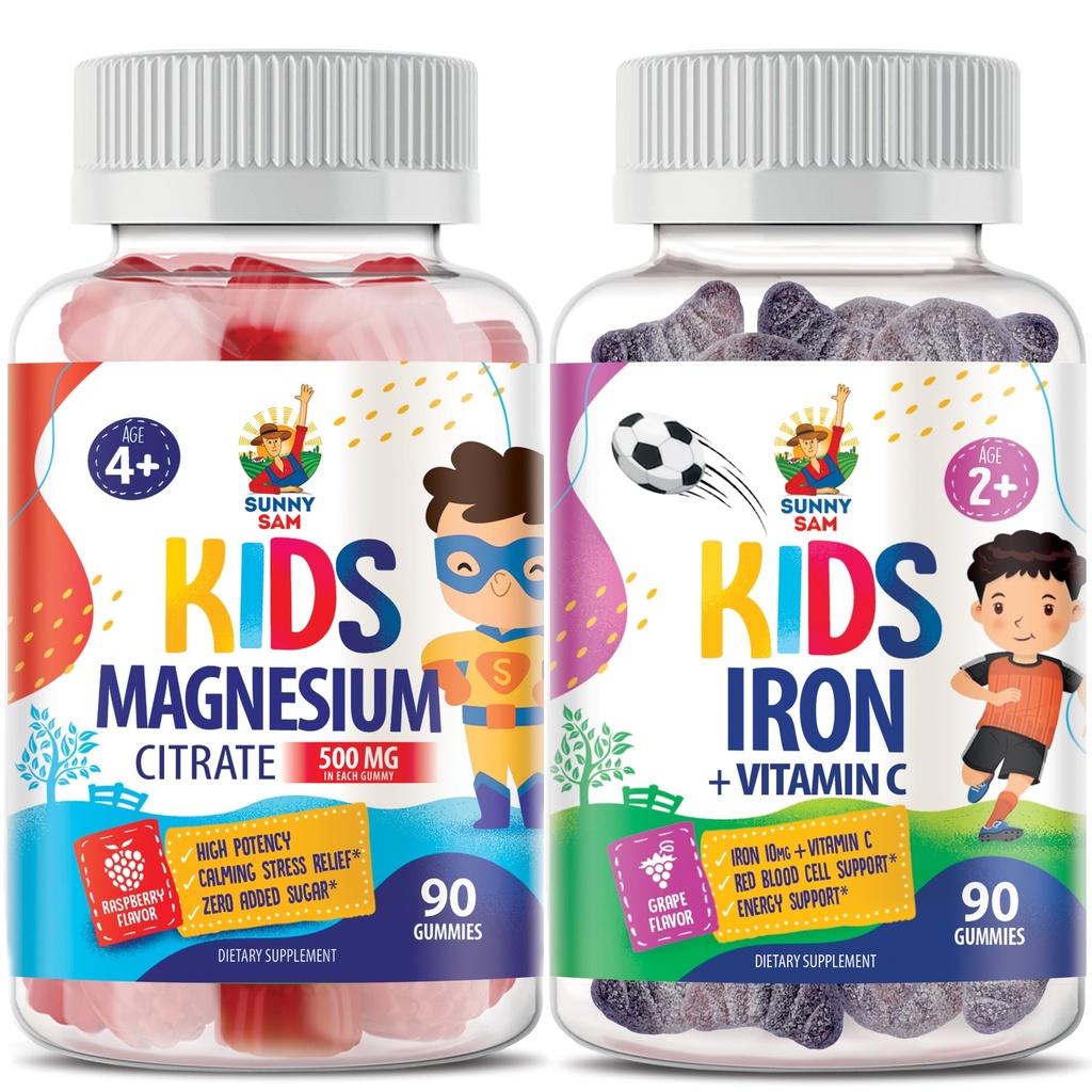 SUNNY SAM Iron Gummies for Kids & Magnesium Gummies for Kids & Voksen- 500 mg - Calm Magnesiumtykkere - Magnesium Citrate Chewable Supplement for Mood & Muscle Support