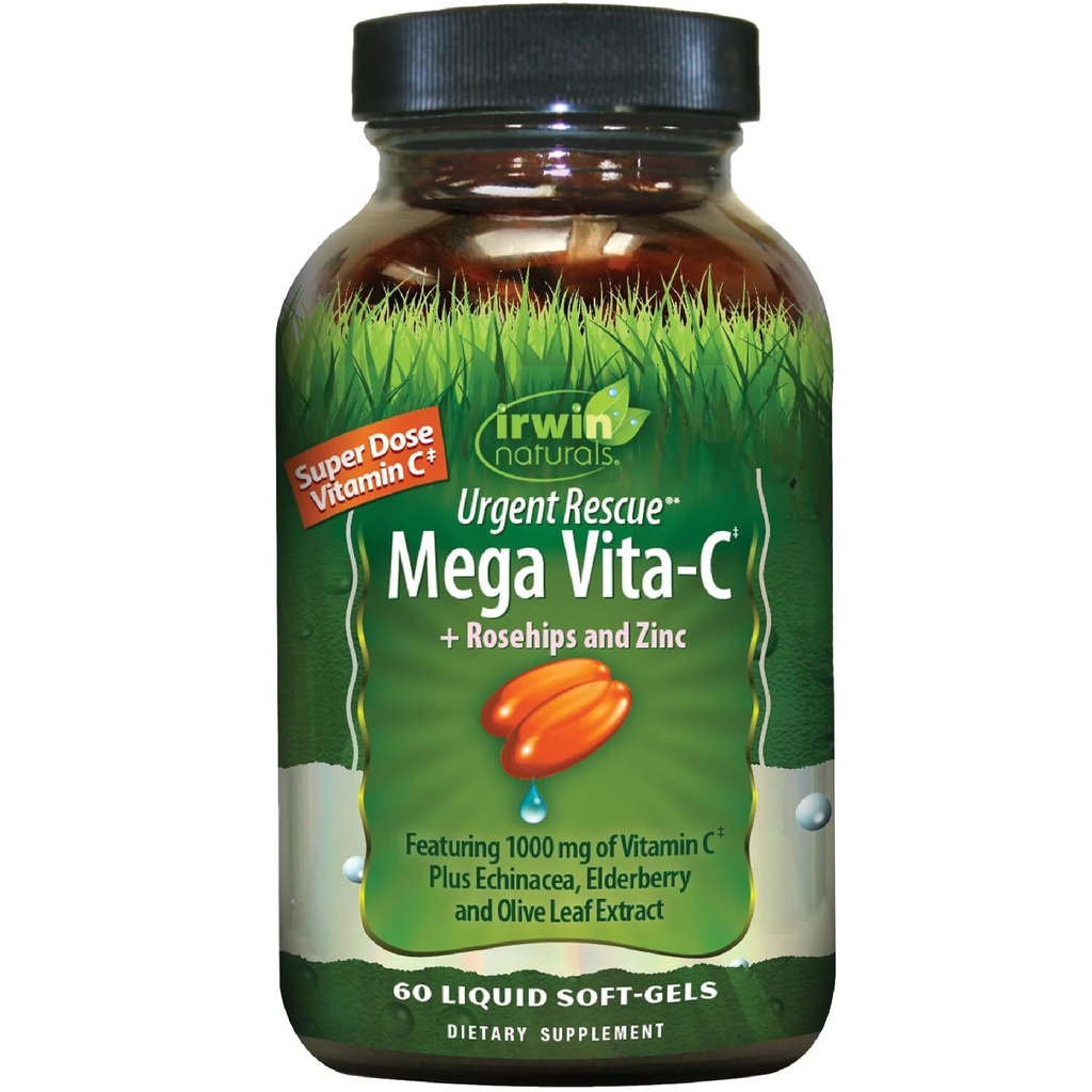 Irwin Naturals Urgent Rescue Mega Vita- C - 60 Liquid Softgels - 1000 mg C-vitamin - immunsupporttilskud med Rosehips og zink