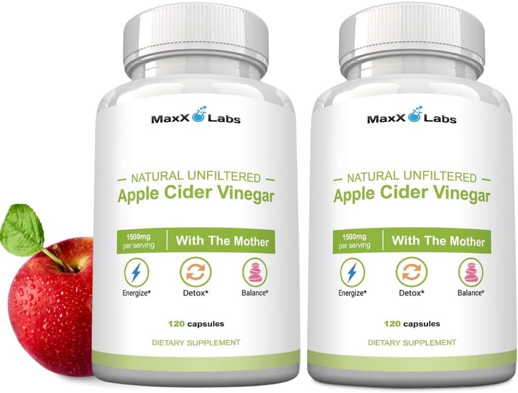 Rå Apple Cider eddike kapsler med mor, 1500mg ACV piller - Boost Energy, Support Immunity & fordøjelse & vægt management for kvinder & mænd - 2 Pack