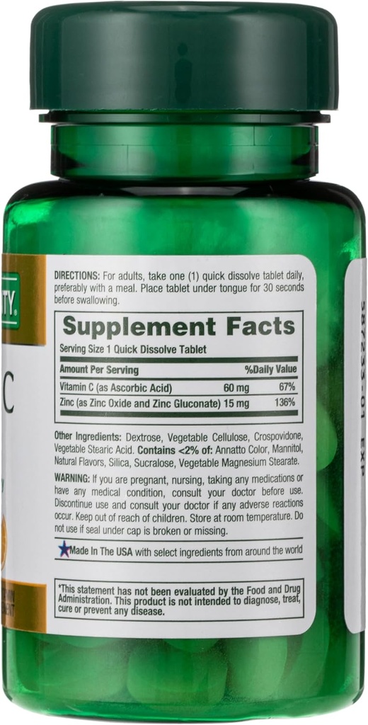 Naturens Bounty, C-vitamin + zink, understøtter immunforsvar, vitamin supplement, 60 mg, 60 tabletter (pakke med 2)