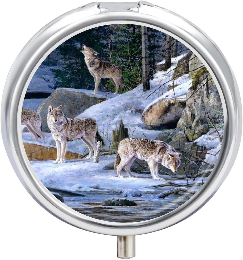 Lille rejsepøl sag, Round Metal Pill Box til Pocket Purse, 3 Segment Portable Pill Holder, Mini Pill Organizer til rejser eller dagligt - Wolf