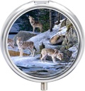Lille rejsepøl sag, Round Metal Pill Box til Pocket Purse, 3 Segment Portable Pill Holder, Mini Pill Organizer til rejser eller dagligt - Wolf