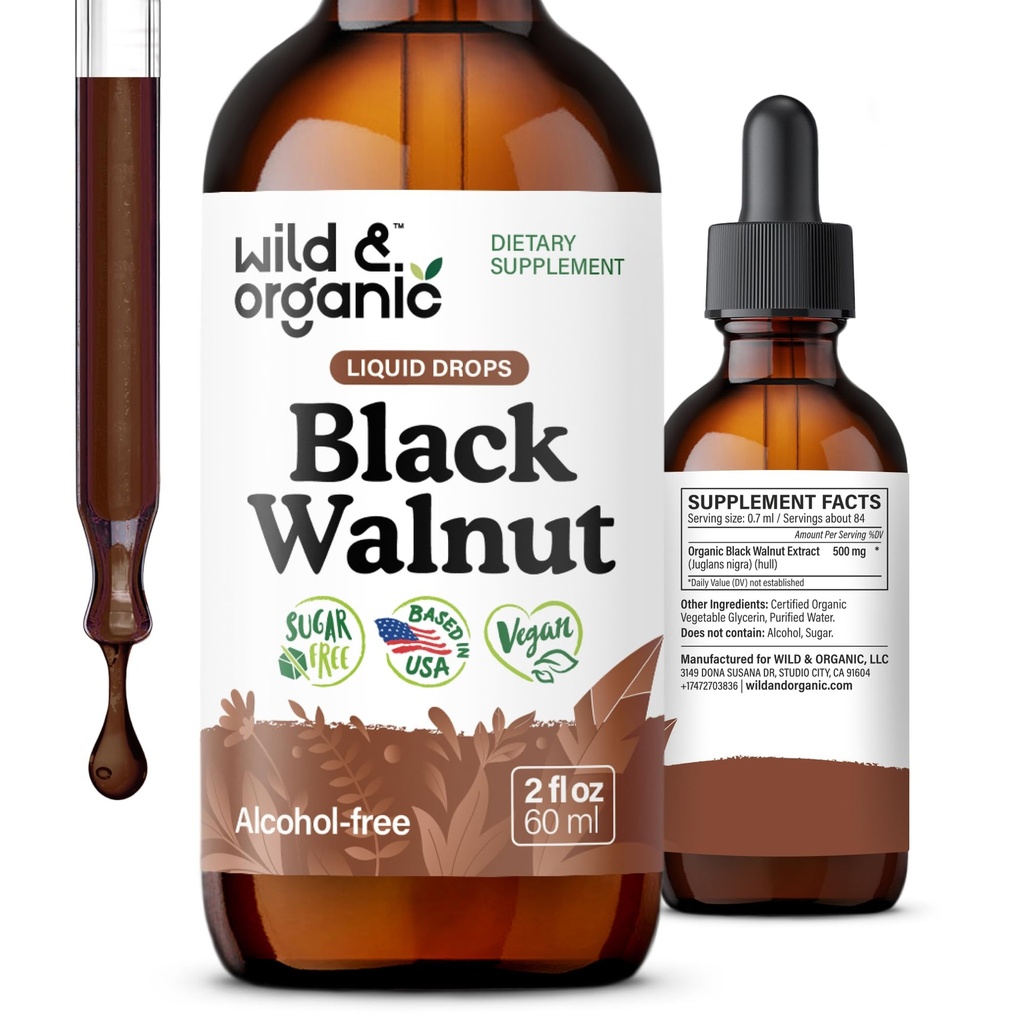 Wild & Organic Black Walnut Tincture - Rensning Detox med Black Walnut Hull Extract - Urtetilskud til Gut Detox Rensning og fordøjelsesbesvær - Vegansk, Sukker & Alkoholfri - 2 fl oz