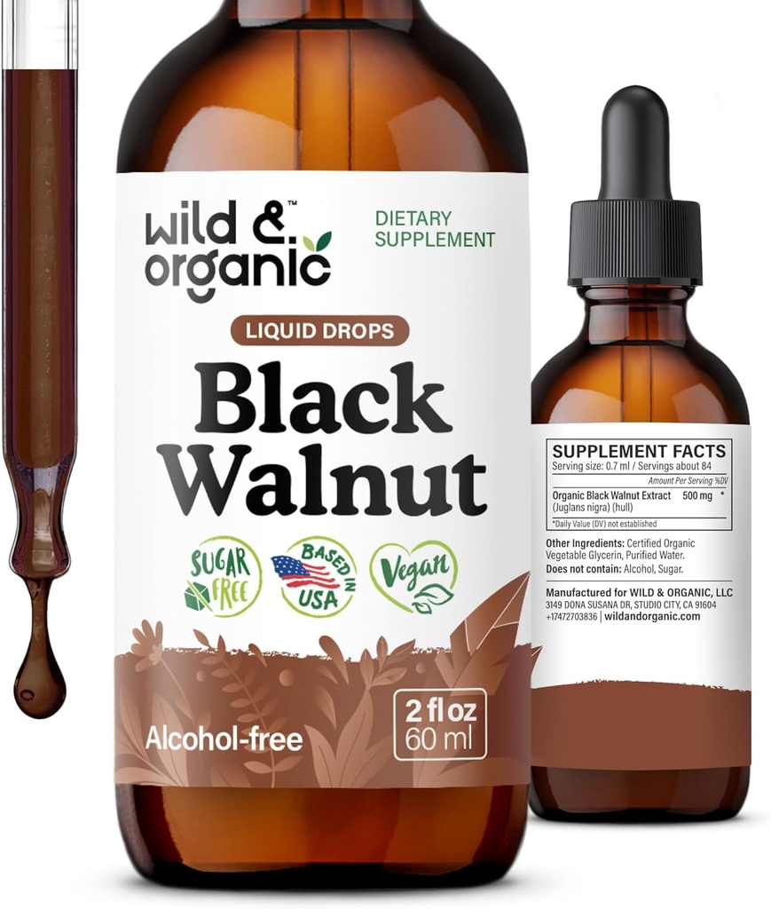 Wild & Organic Black Walnut Tincture - Rensning Detox med Black Walnut Hull Extract - Urtetilskud til Gut Detox Rensning og fordøjelsesbesvær - Vegansk, Sukker & Alkoholfri - 2 fl oz
