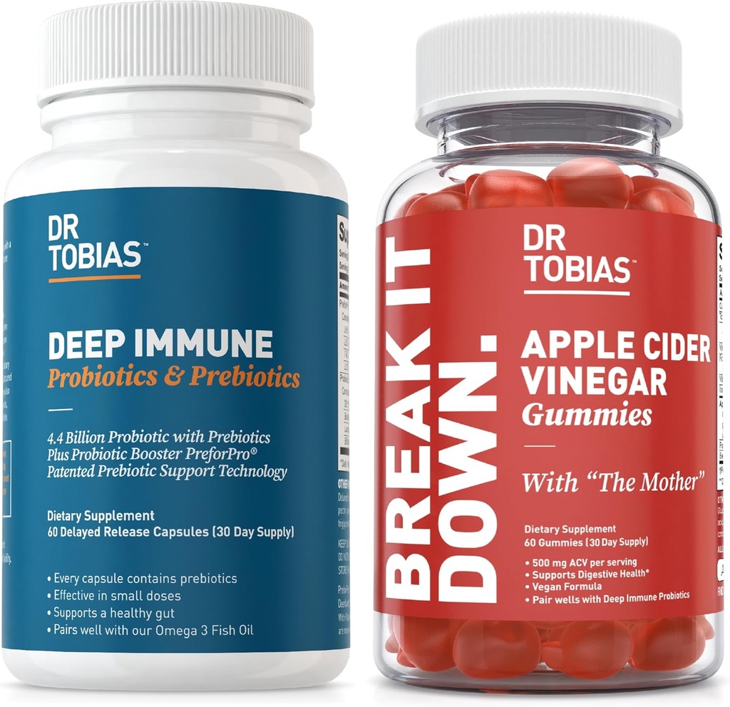 Dr. Tobias Deep Immune Probiotika & Prebiotika og Apple Cider Vincious Gummies, Understøtter fordøjelsessygdomme, Gut immunfunktion, Rense & Detox for mænd og kvinder med 4.4. Millioner CFU & moderen