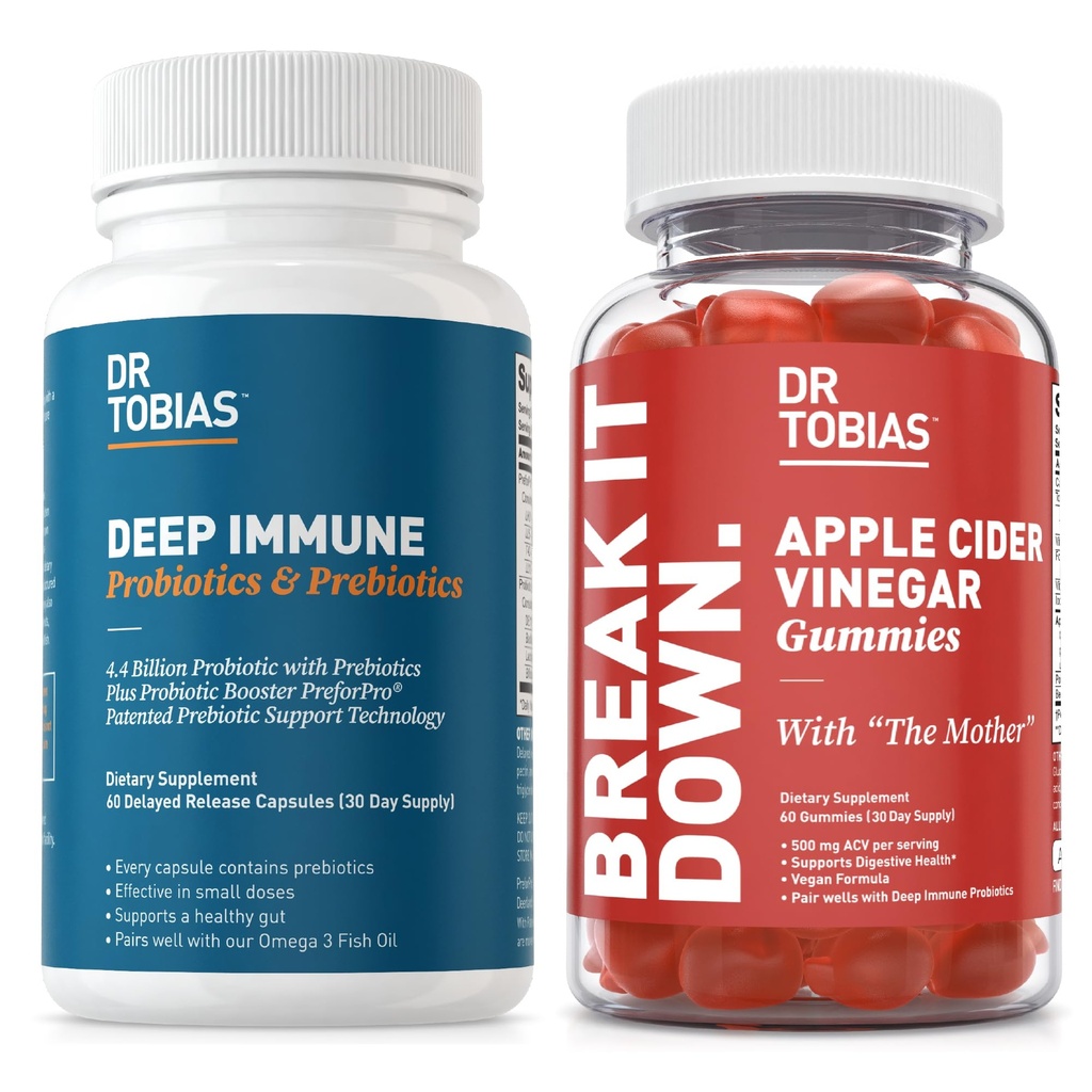 Dr. Tobias Deep Immune Probiotika & Prebiotika og Apple Cider Vincious Gummies, Understøtter fordøjelsessygdomme, Gut immunfunktion, Rense & Detox for mænd og kvinder med 4.4. Millioner CFU & moderen