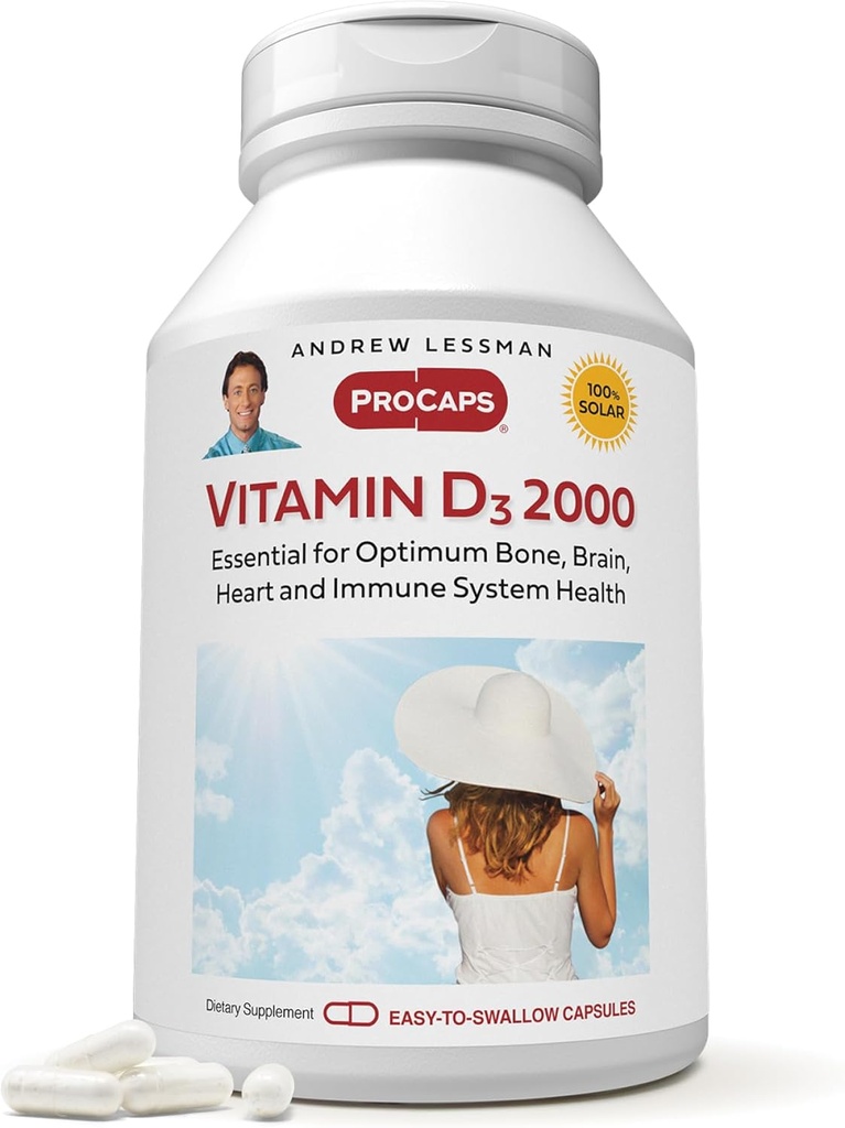 ANDREW LSSMAN vitamin D3 2000 IE 180 kapsler - høj potens, Essential for Calcium Absorption, Understøtter ben sundhed, sund muskelfunktion, immunsystem, Mere. Lille let at synke kapsler