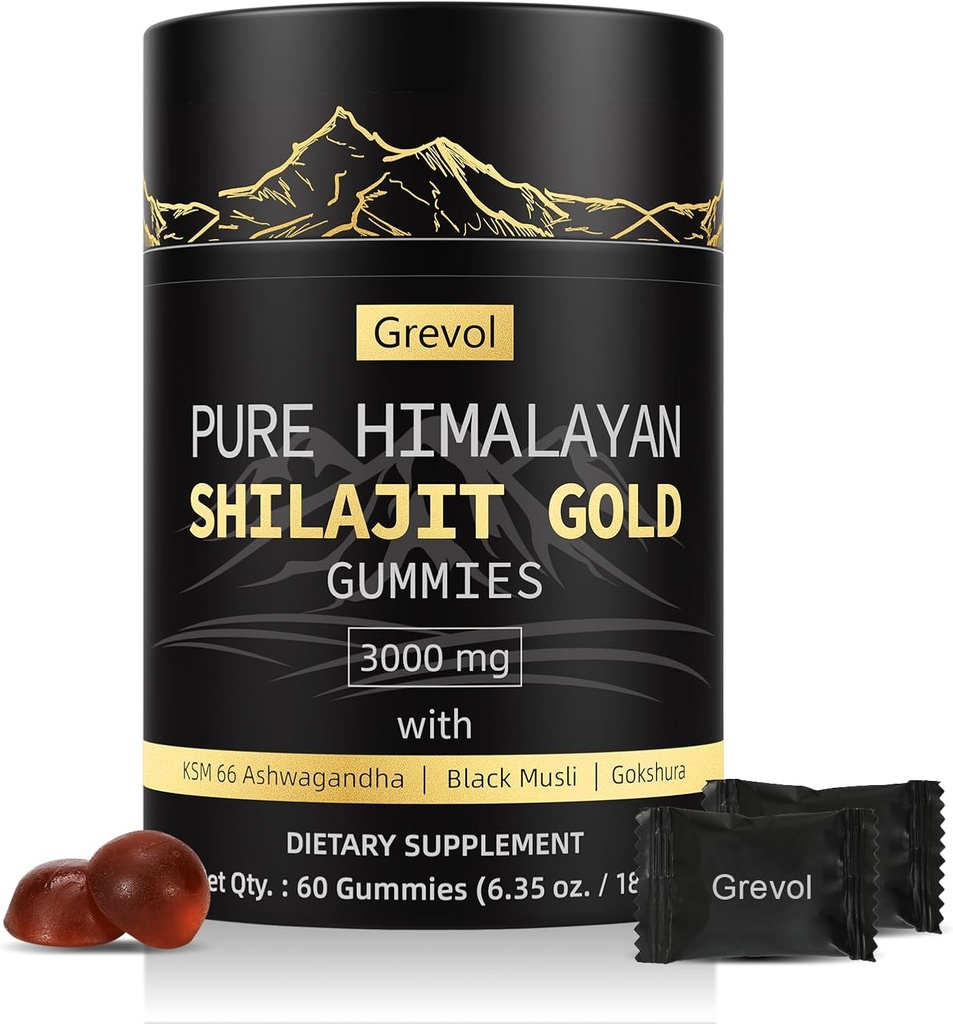 Himalayan Shilajit Gummies: Gold Grade Shilajit Riched with Ashwagandha Fulvic Acid & 85+ Trace Minerals - No Added Sugar - Individually Wrapped - for Men & Women - 60 Gummy
