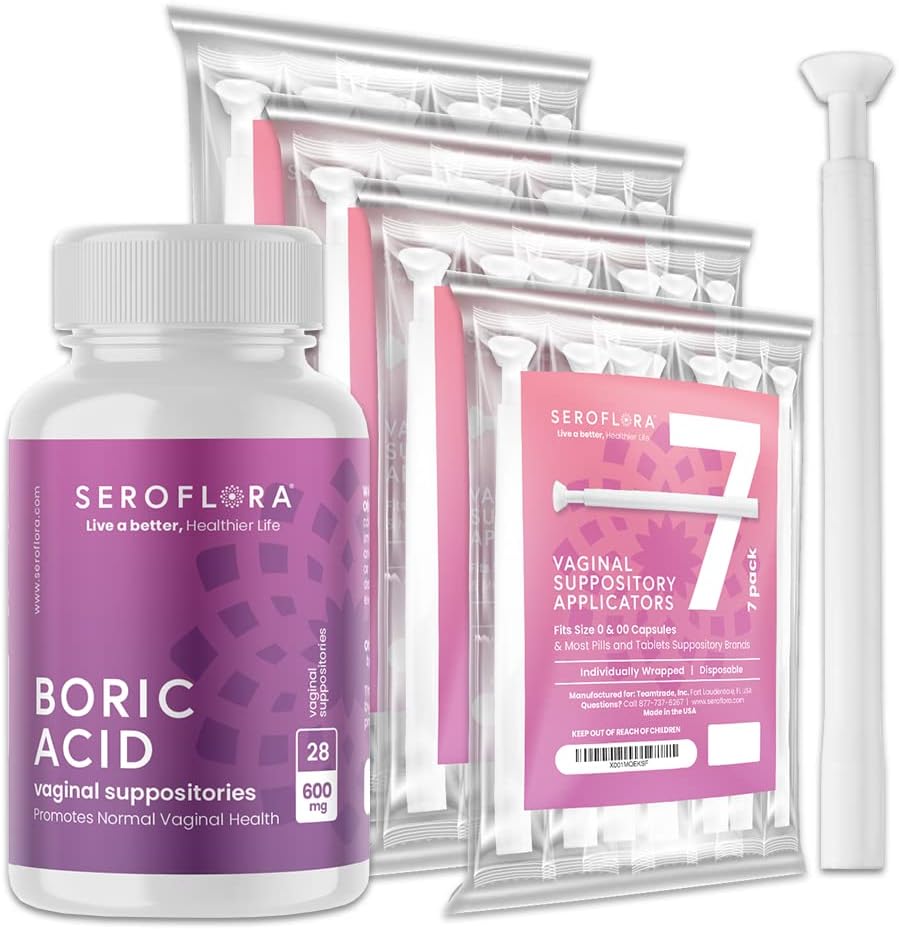 Seroflora Boric Acid Vaginal Supposistals 600 mg + Suppository Applikators Bundle - Vaginal Health pH Balance for Women - Hjælper Control Vaginal Odor (28ct)