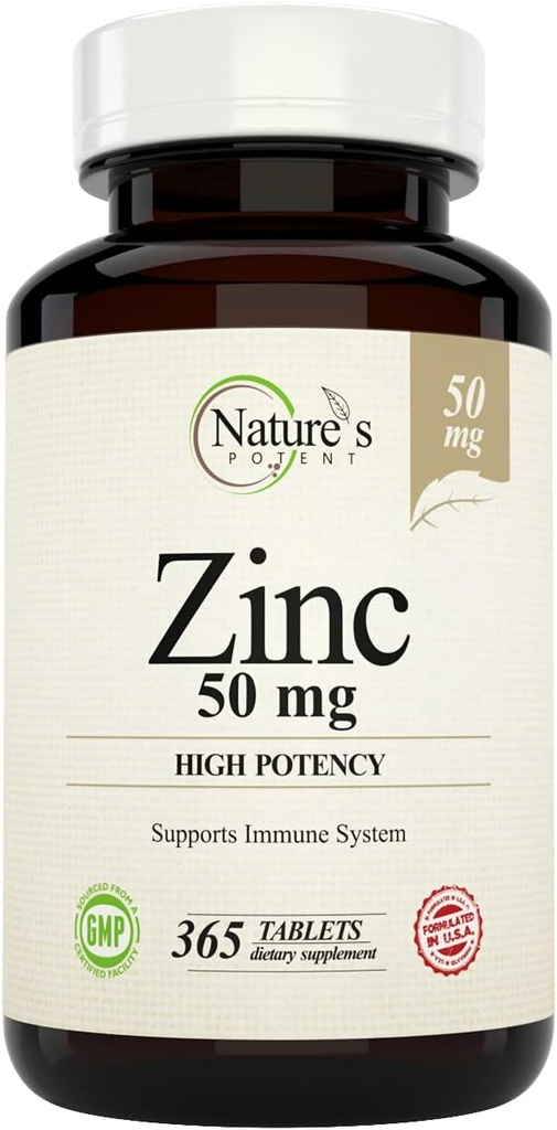 Naturens Potent Zink 50 mg, immunsupporttillæg - høj potens for maksimal immun- og antioxidant sundhed - Fremstillet i USA af Natural Zinkoxid - 365 tabletter (1 års forsyning)