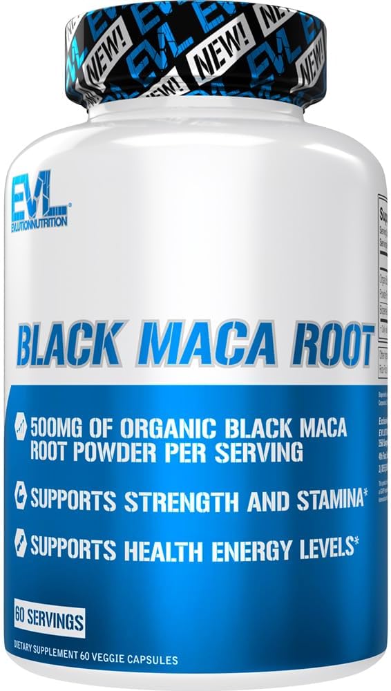 Evolution Nutrition Black Maca Root - Energistøtte - 500mg Organic Black Maca Root Powder - Træningstillæg - Vegetariske kapsler - for styrke ydeevne & Stamina - 60 Servering