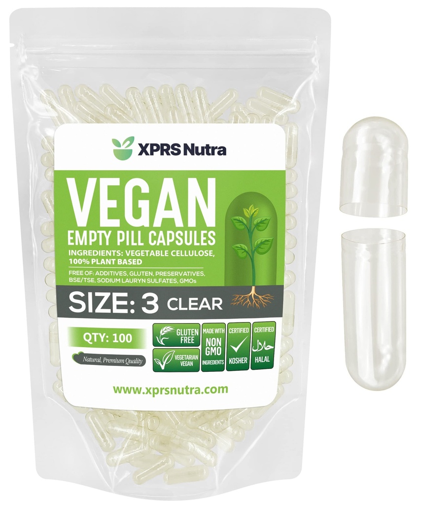 XPRS Nutra størrelse 3 Tomme kapsler - 100 Grev klar tom Vegansk kapsler - Vegetariske piller - selv vegetabilsk Capsule Fyldning - Veggie Pill Caps