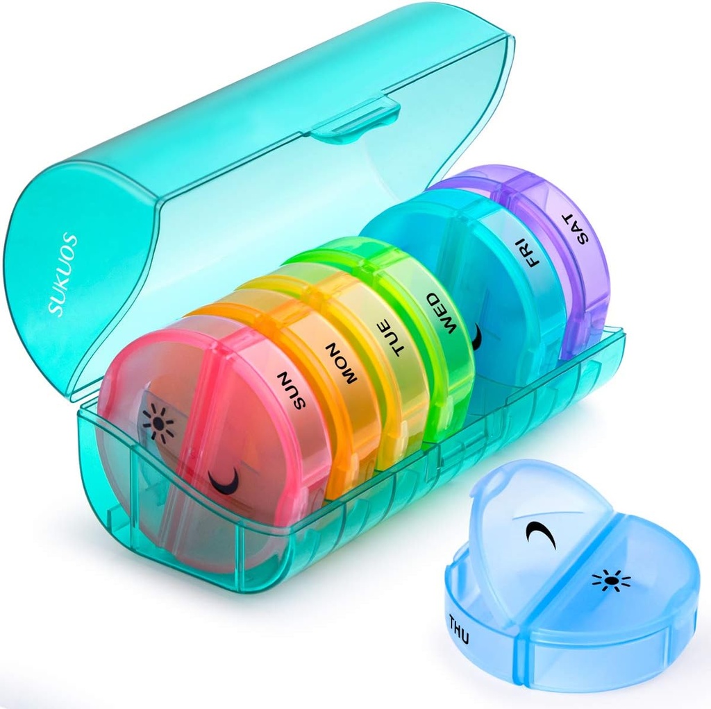 Sukuos Stor Ugentlig Pill Organizer 2 gange om dagen, Daily Pill Box 7 dag let at åbne med dobbelt beskyttelse, AM PM Pill sag for medicin / Vitamin / Fish Oil / Kosttilskud (Cyan)