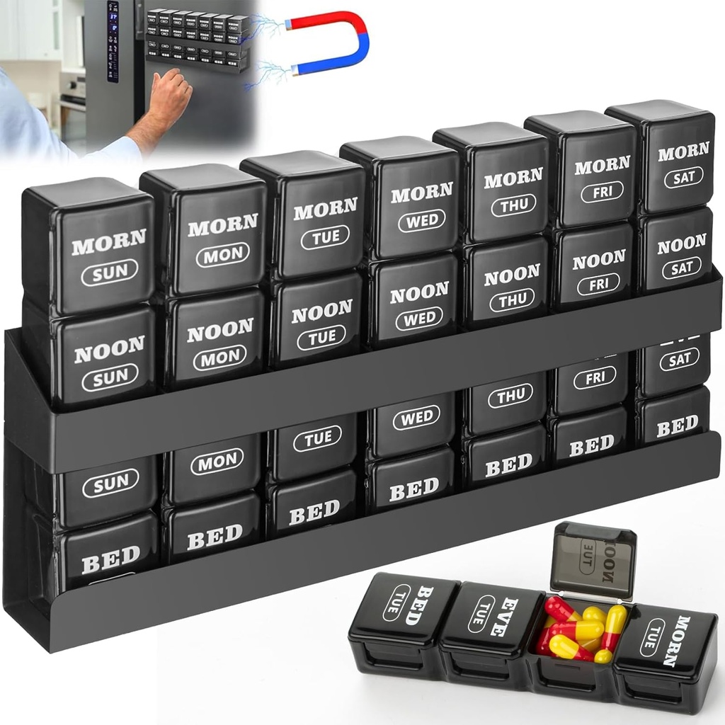 Pill Organizer 4-gange om dagen: Ugentlig Pill Box 7 Dag med magnetisk Hylde - Store dele Pill Case - Aftagelig Medicin Organizer Dispenser for Fish Oils Vitamin Holder Supplement (sort)