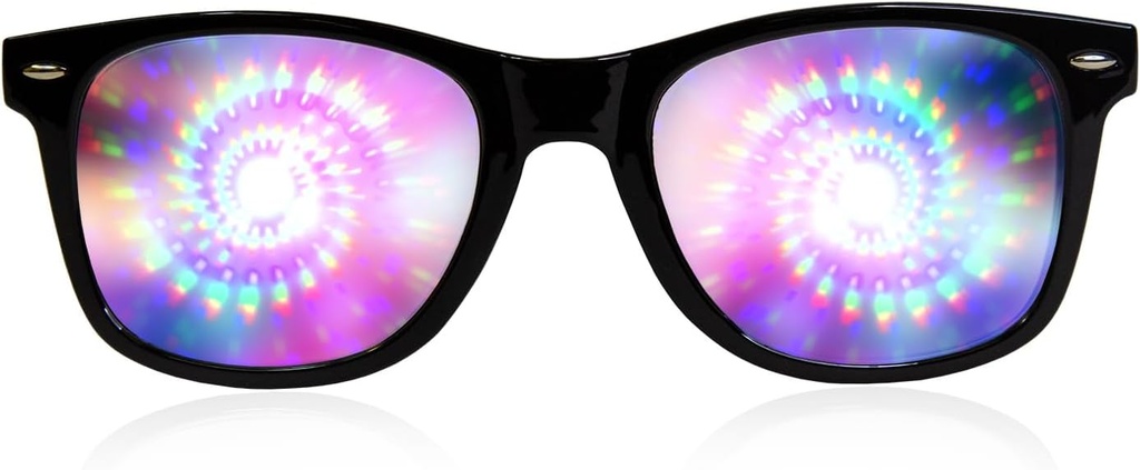 GloFX Black Frame Spiral Diffraction Briller - Laser Etched for Hypnotiske Spiral Lyseffekter, fleksibel og holdbar til Raves & Højtider