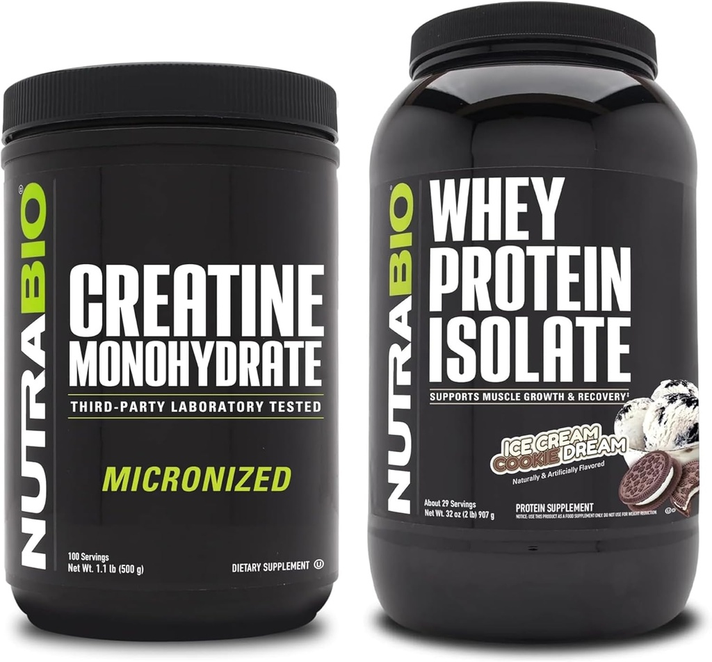 Nutrabio Creatin monohydrat, Unflavored, 500g og Whey Protein Isolate, Ice Cream Cookie drøm, Supplement Bundle - Muskelenergi, Lean muskelvækst, Inddrivelse, og Styrke