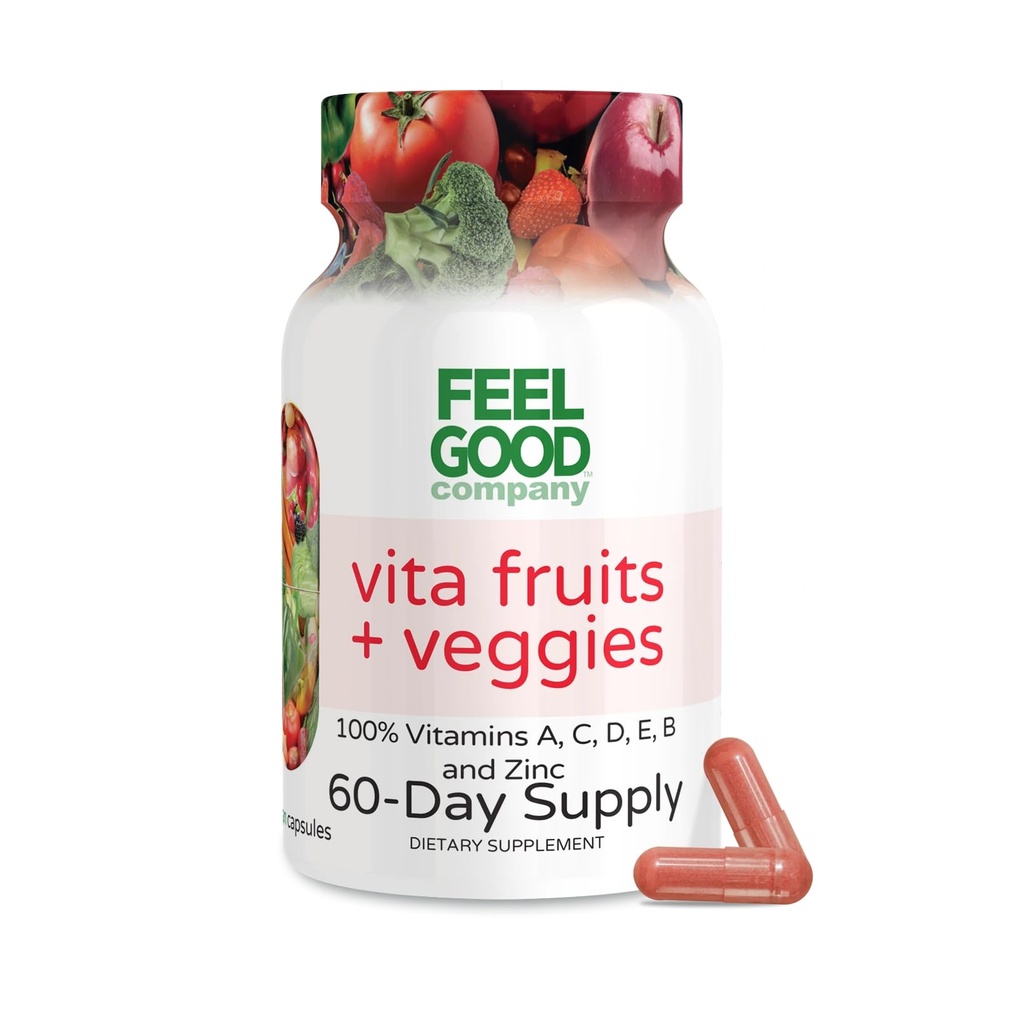 FeelGood Superfoods Vita Frugter og Veggies Kapsler - 25 Superfood ingredienser, Frugt og Vegetabilske Multivitamin, 60 Greve - For mænd og kvinder - Vitamin A, C, D, E, B og zink