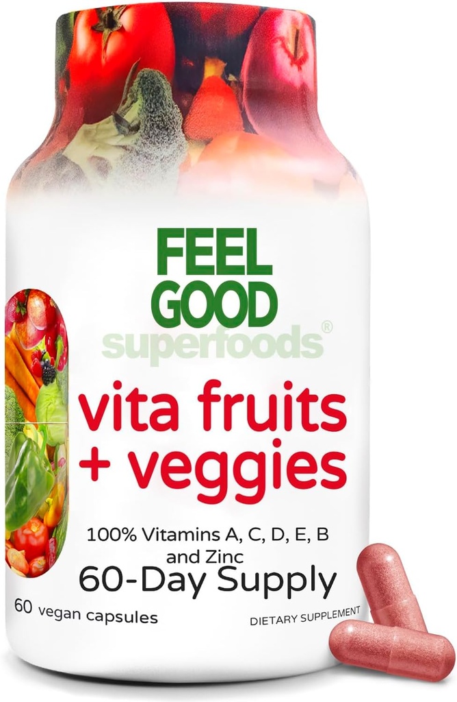 FeelGood Superfoods Vita Frugter og Veggies Kapsler - 25 Superfood ingredienser, Frugt og Vegetabilske Multivitamin, 60 Greve - For mænd og kvinder - Vitamin A, C, D, E, B og zink