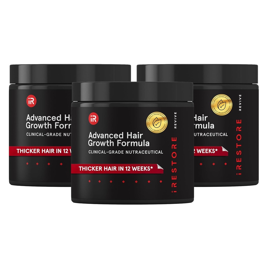 iRestore Avanceret hårvækst supplement til kvinder, hårvitaminer til hurtigere hårvækst, bedste til hårtab og tynding - 1 måned levering hver - 30 greve (pakke af 3) - sort