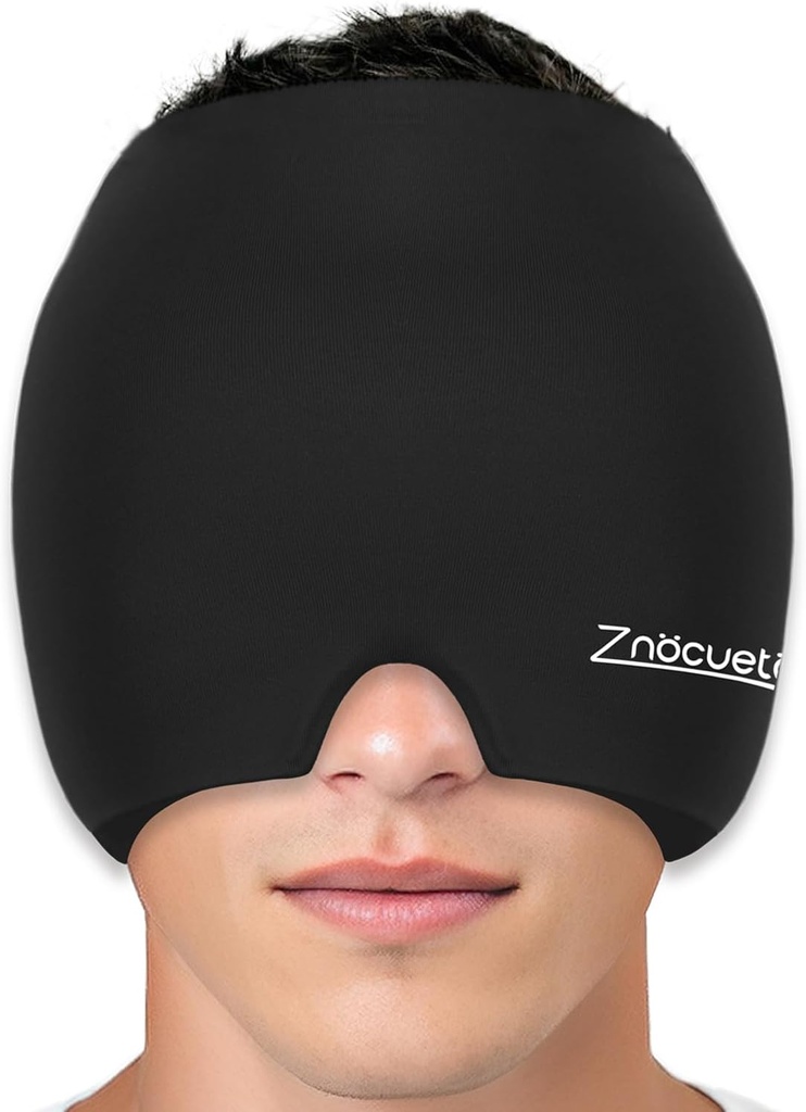 ZNÖCUETÖD Migræne Hovedpine Relief Cap Hat Full Head Ice Pack Wrap Cooling Gel Ice Beanie Hot / Cold Compression Cap til Sinus, Stress, Handover Hovedpine Smerte Relief - Genanvendelige Mænd Kvinder, Sort, Størrelse M