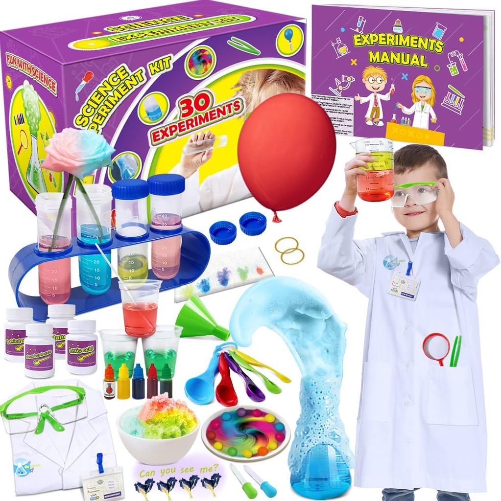UNGLINGA 30 Experiments Science Kit for Kids with Lab Coat, Kemi Set STEM Legetøj Fødselsdagsgaver til drenge piger, Videnskabsmand Kostroller Play Tools Educational Learning Set