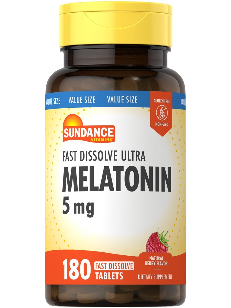 Sundance Melatonin 5mg Tabletterne er 124; 180 Vegetartal er 124; hurtig opløsning er 124; Natural Berry Flavor er 124; Vegetar-, Non- GMO og Gluten Free Supplement