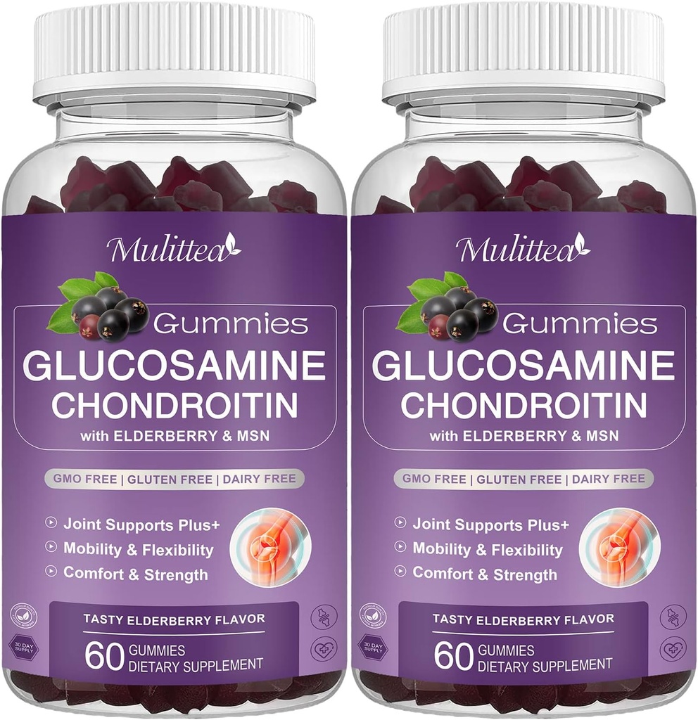 Mulitea Glucosamin Chondroitin Gummies - Ekstra styrke fælles støtte supplement med MSM & Elderberry til naturlige fælles, Antioxidant immunforsvar for voksne, Mænd & Women- (2 Pack)