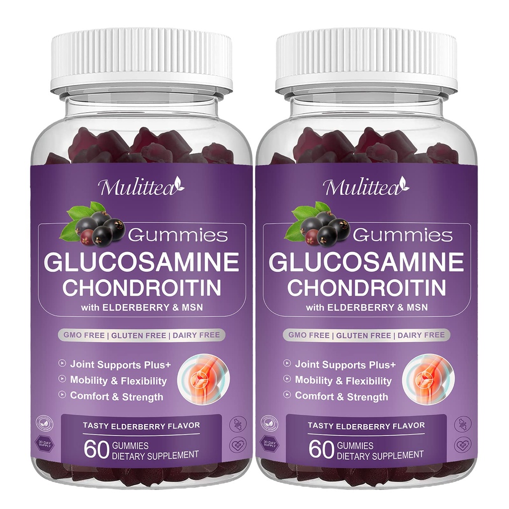 Mulitea Glucosamin Chondroitin Gummies - Ekstra styrke fælles støtte supplement med MSM & Elderberry til naturlige fælles, Antioxidant immunforsvar for voksne, Mænd & Women- (2 Pack)