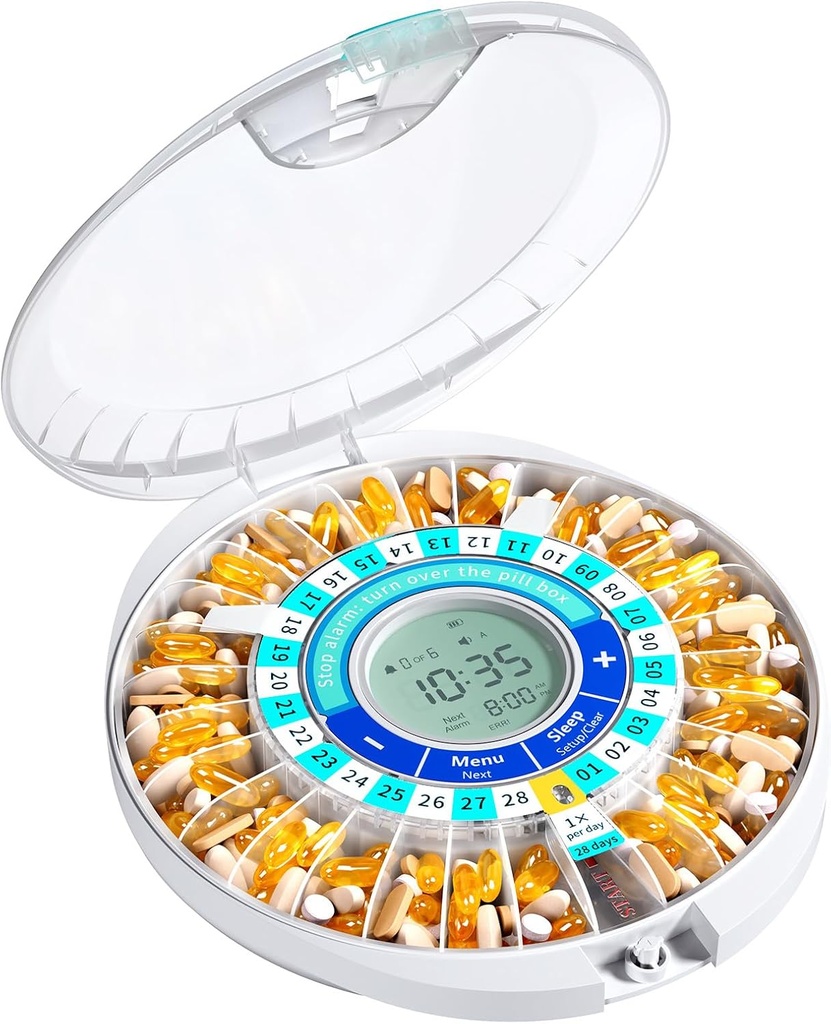 Daviky Automatic Pill Dispenser til ældre med Alarm, 28-dag elektronisk låst pille boks, lyd & lys påmindelser til medicin, vitaminer og kosttilskud