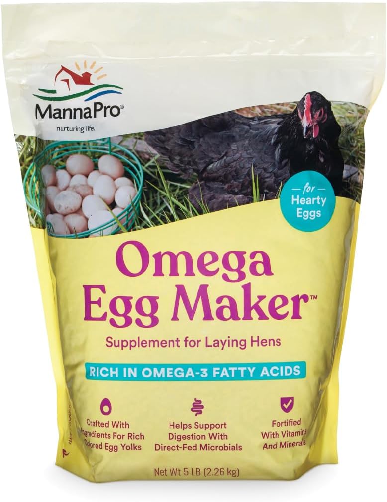 Manna Pro Omega Egg Maker, kylling foder supplement til æglæggende høns, Fjerkræ fødevarer med Omega-3 fedtsyrer, fordøjelsesstøtte med fæstede vitaminer & mineraler, 5 lbs