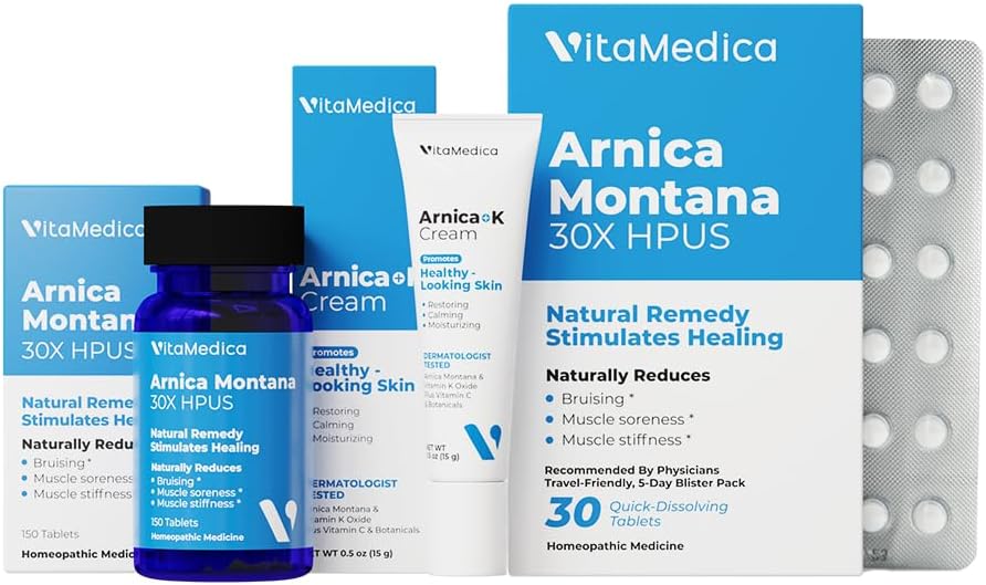 VitaMedica | Arnica & Vitamin K Cream + Arnica Montana 30X (Bottle & Blister Pack) Bundle | for Bruising, Swelling, Inflammation & Pain Relief | Softens, Calms, Moisturizes, & Restores Bruised Skin