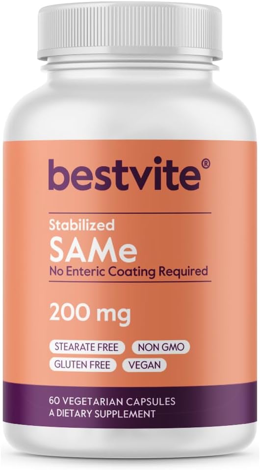 BESTVITE SAM- e 200mg Stabiliseret (60 vegetariske kapsler) - Let at synke Kapselform - Ingen Enteric Coat påkrævet - Ingen titandioxid - Ingen stearater - Vegan - Ikke GMO - Gluten fri