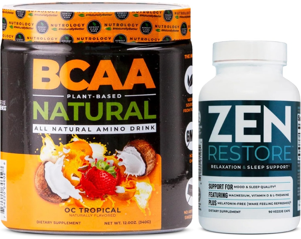 Nutrologi Zen Natural Magnesium Supplement (30 Servere) & Nutrologi BCAA Natural, Plant Based BCAA Powder, Orange Kokosmel Flavor (30 Servere)