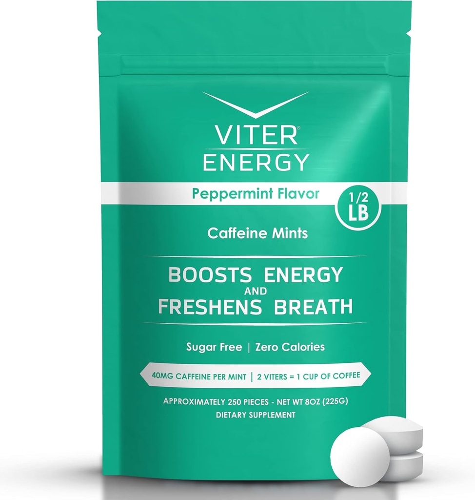 Viter Energy Coffeined Mints 40mg Coffein, B Vitamin, Sukker Free. (Pebermynte, 8oz, Bulk Bag)