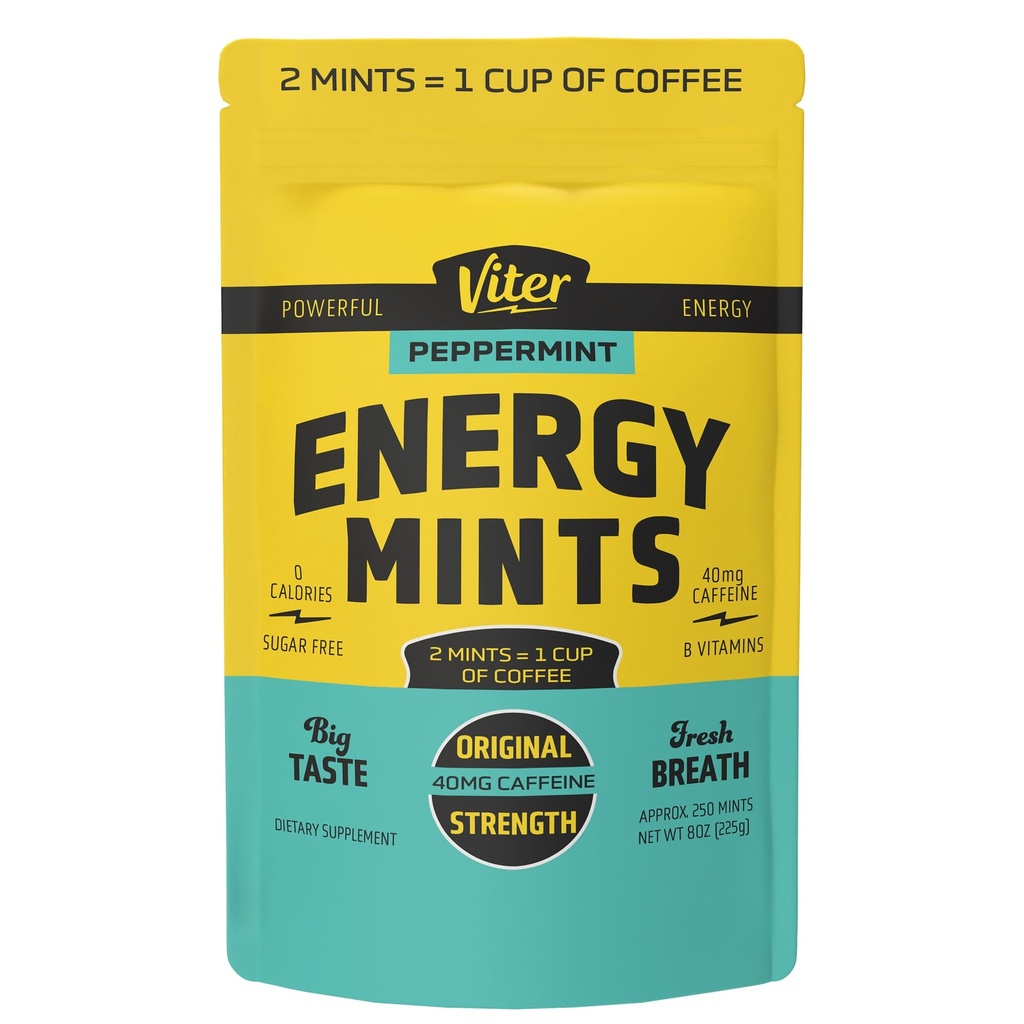 Viter Energy Coffeined Mints 40mg Coffein, B Vitamin, Sukker Free. (Pebermynte, 8oz, Bulk Bag)