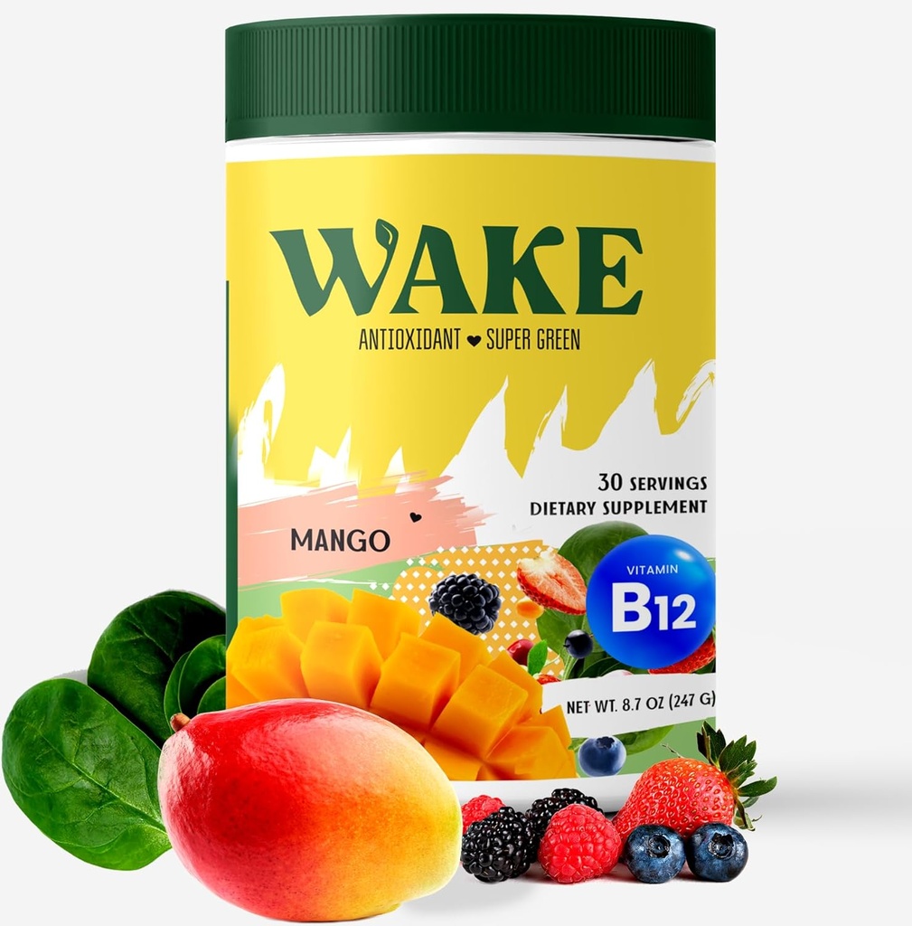 Wake Antioxidant Super Green, Bedste Naturlige Pulver Superfood, Spirulina & Chlorella, Vitamin B12, Non- GMO Vegan Drink, Juice & Smoothie Blend, Enzymes, Probiotika, Acai Berry & Camu Camu