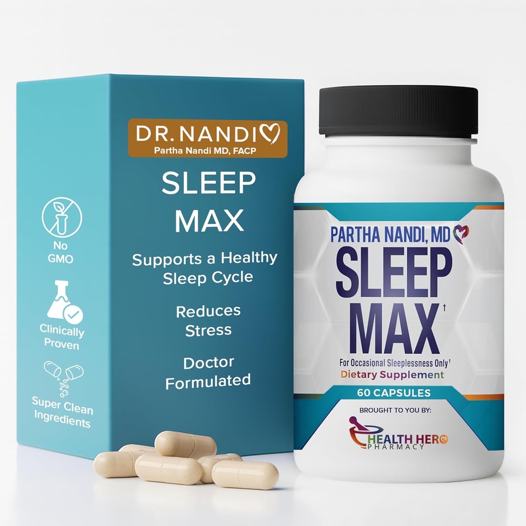 Dr. Nandi 's Sleep Max Natural Sleep Aid - Magnesium, GABA, 5-HTP & Taurine - REM Sleep & Deep Sleep Supplement uden Melatonin - Non-Habit Danning Vegansk Urte Sleep Aid - Non-GMO - 60 kapsler