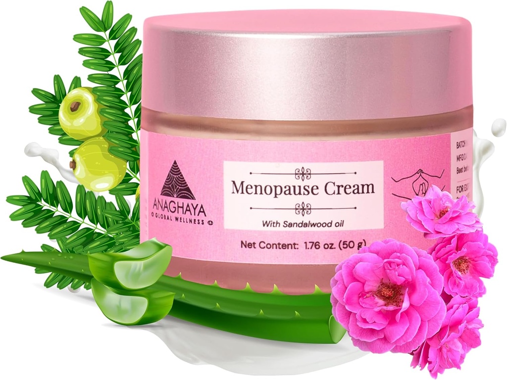 Menopause Cream For kvinder med Sandalwood Oil & Pure Rose Water Shuttle 124; Menopause Support til kvinder -Lindrende Relief Shuttle 124; Balanceret Doshas Shuttle 124; Natural Comfort & Calmness - 1.76 Fl oz