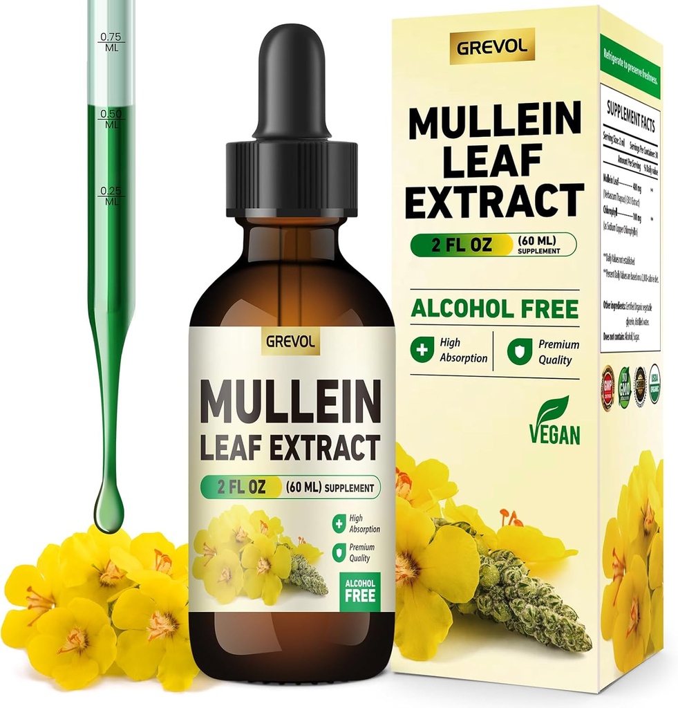 Mullein dråber til lunger Supplement: Organic Mullein Leaf 30: 1 Extract Tinktur med Chlorophyll - Urtetilskud Lung Cleanse & Respiratory Function - Non- GMO, Vegan - 2 Fl Oz