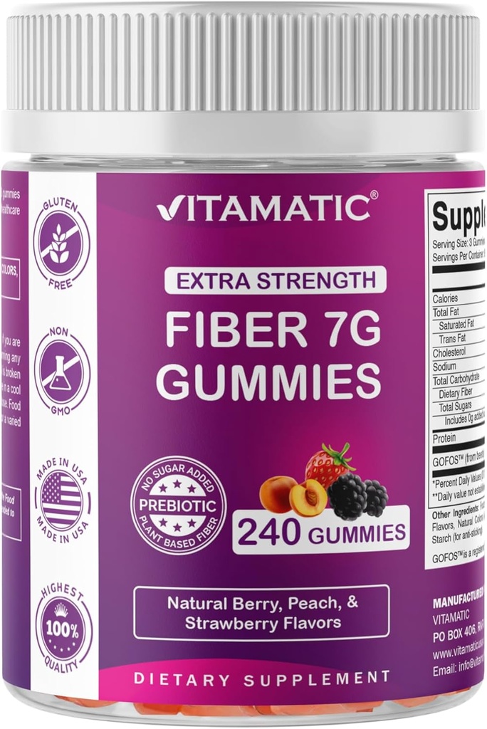 Vitamatisk Prebiotic Fiber Gummies for voksne, 7G Ekstra Styrke, Zero Sugar Tilded, 240 Pectin baserede Gummies, fordøjelsesmæssig sundhed og regelmæssighed støtte
