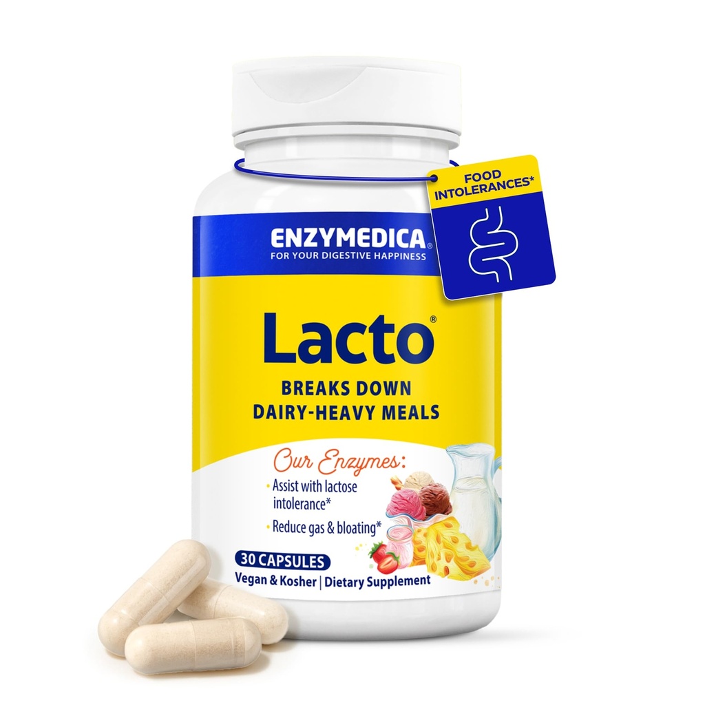 Enzymedica Lacto, Advanced Lactase Pills for Dairy Support, Hjælper Break Down Lactose, Casein & Fat, Dairy Relief Pills, Vegan, 30 kapsler