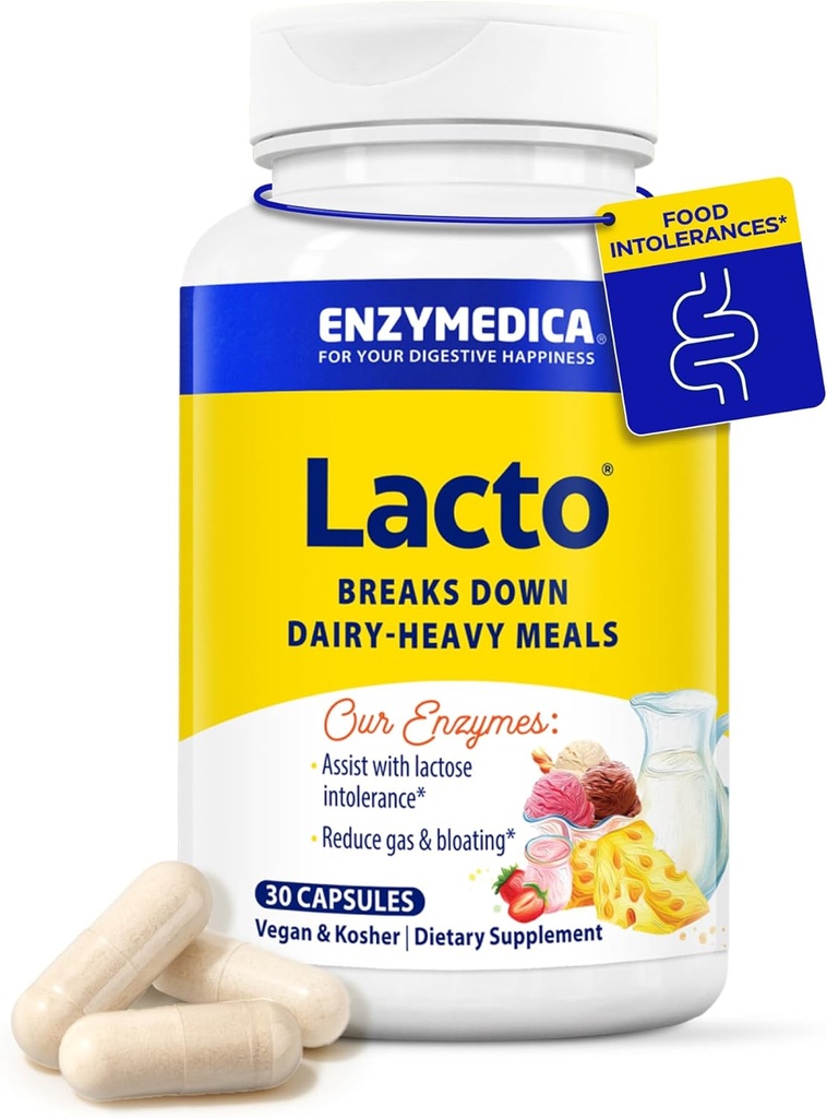 Enzymedica Lacto, Advanced Lactase Pills for Dairy Support, Hjælper Break Down Lactose, Casein & Fat, Dairy Relief Pills, Vegan, 30 kapsler