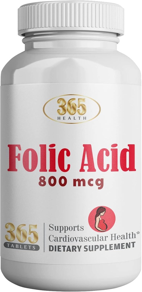 365 Sundhed Folinsyre 800mcg (0, 8 mg) Vitamin B9- 365 tabletter I understøtter kardiovaskulær, essentiel prænatal & postnatal Vitamin, non- GMO og Vegan
