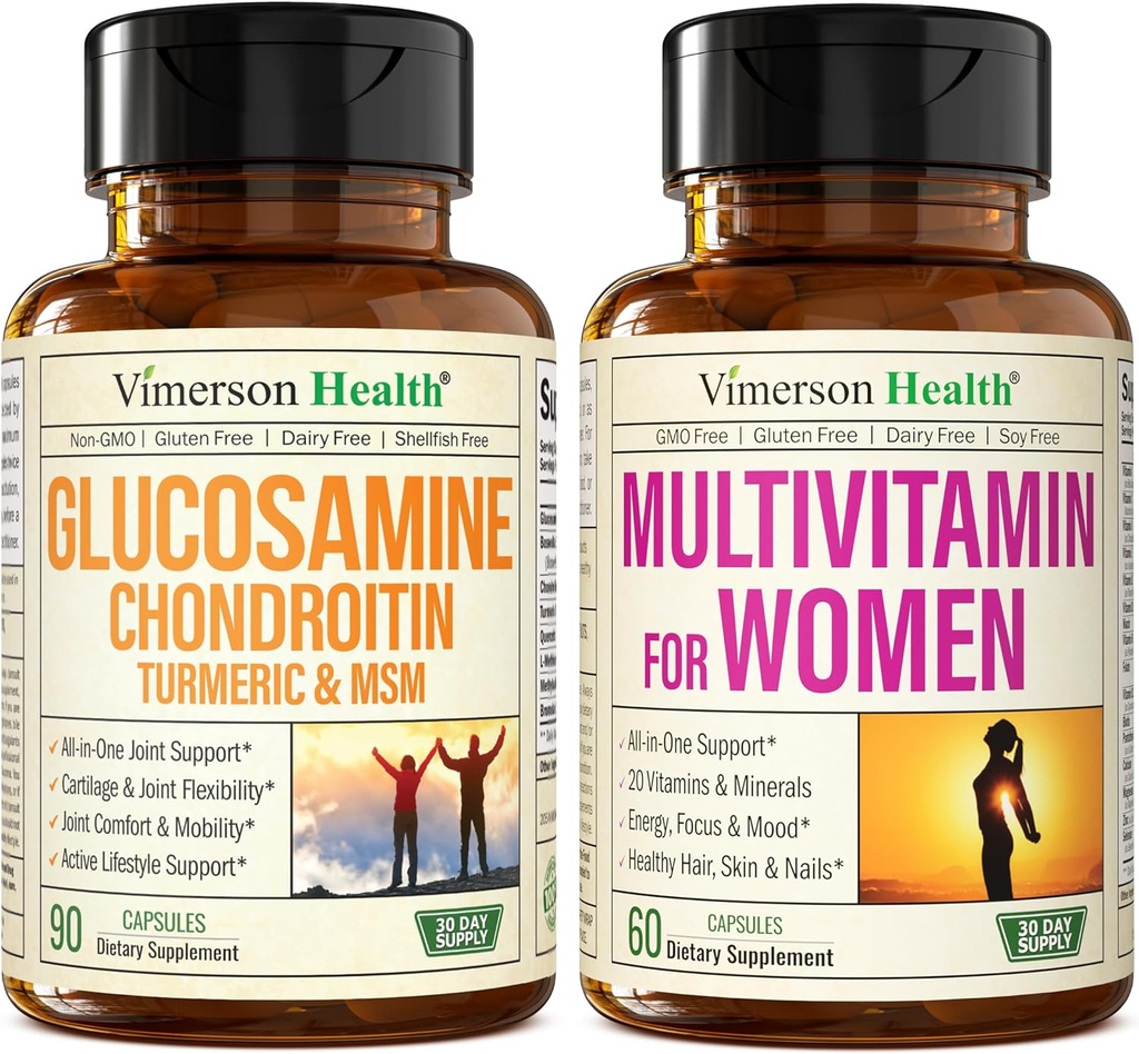Glucosamin Chondroitin Gurkemeje + Multivitamin til kvinder 2- flaske supplement Bundle til hende. Sund immunrespons, fælles støtte, Antioxidant egenskaber